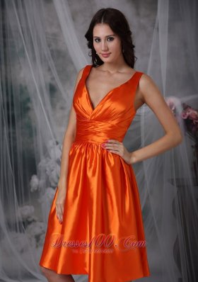 V-neck Knee-length Orange Red Prom Dress Column