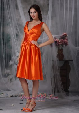 V-neck Knee-length Orange Red Prom Dress Column