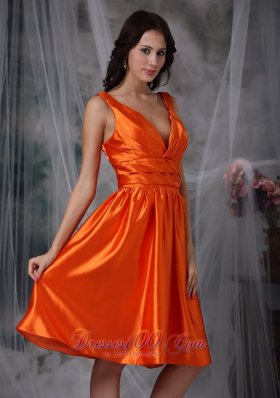 V-neck Knee-length Orange Red Prom Dress Column