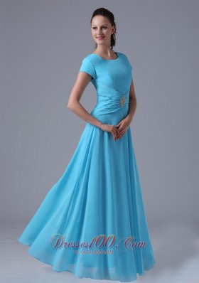 Scoop Sleeved Bridesmaid Dress Baby Blue Crystal Brooch