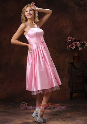 Tea-length Flounced Baby Pink Bridesmaid Dress Bow Sash