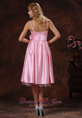 Tea-length Flounced Baby Pink Bridesmaid Dress Bow Sash