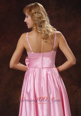 Tea-length Flounced Baby Pink Bridesmaid Dress Bow Sash