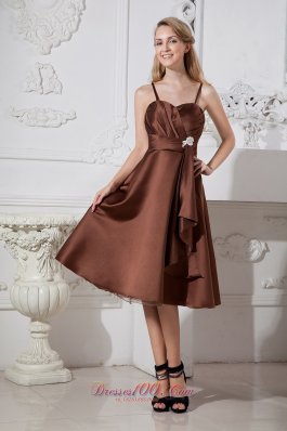 Tea-length Chocolate Brown Prom Dress Spaghetti Straps