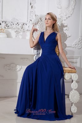 Dark Blue Empire Prom Evening Dress V-neck Brush