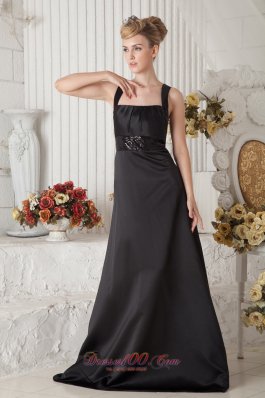 Black Prom Dress A-line Straps Brush Train Beaded