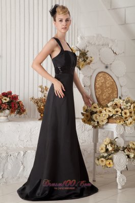 Black Prom Dress A-line Straps Brush Train Beaded