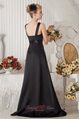 Black Prom Dress A-line Straps Brush Train Beaded