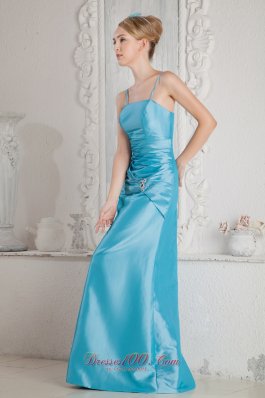 Aqua Blue Column Straps Bridesmaid Dress Beads Ruched