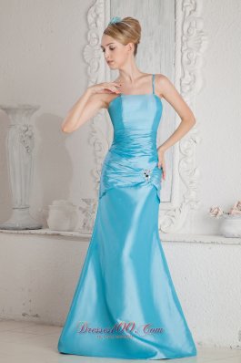 Aqua Blue Column Straps Bridesmaid Dress Beads Ruched