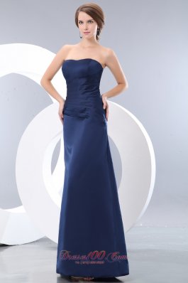 Navy Blue Strapless Ruch Bridesmaid Dress Column