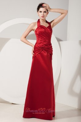 Dark Red Empire Halter Ruch Bridesmaid Dress Floor-length