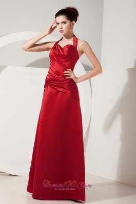 Dark Red Empire Halter Ruch Bridesmaid Dress Floor-length