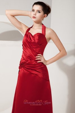 Dark Red Empire Halter Ruch Bridesmaid Dress Floor-length