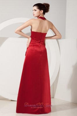 Dark Red Empire Halter Ruch Bridesmaid Dress Floor-length