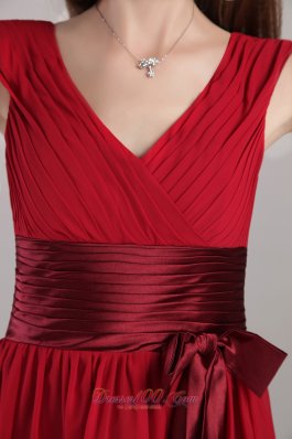 Wine Red Empire Sash Bridesmaid Dress V-neck Knee-length