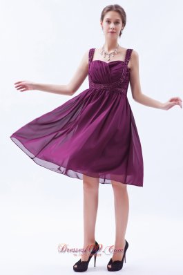 Grape Purple Empire Straps Prom Dress Knee-length Beaded