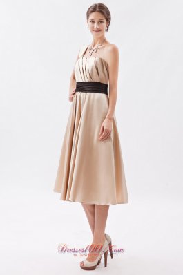 Champagne Princess Bridesmaid Dress One Shoulder Tea-length