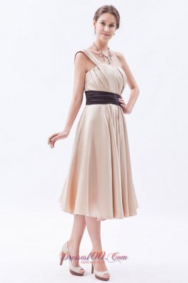 Champagne Princess Bridesmaid Dress One Shoulder Tea-length