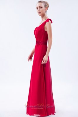 One Shoulder Red Bowknot Ruch Decorate Bridesmaid Dress