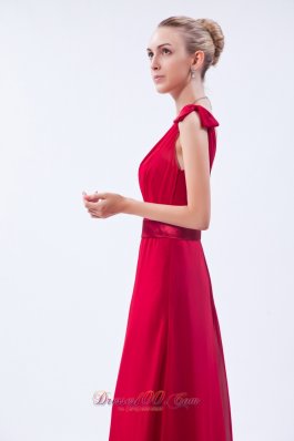 One Shoulder Red Bowknot Ruch Decorate Bridesmaid Dress