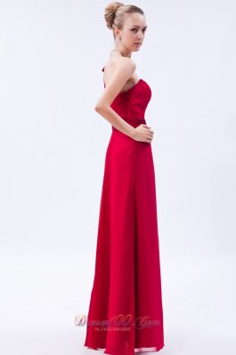 One Shoulder Red Bowknot Ruch Decorate Bridesmaid Dress