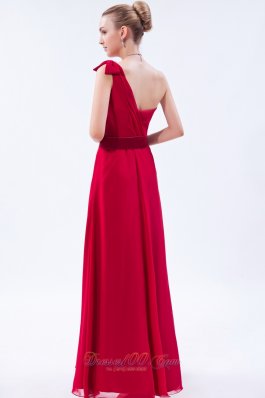 One Shoulder Red Bowknot Ruch Decorate Bridesmaid Dress