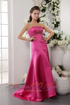 Brush Train Hot Pink Beading Junior Bridesmaid Dress