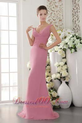 V-neck Brush Train Baby Pink Sheath Ruch Bridesmaid Dress