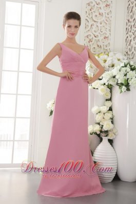 V-neck Brush Train Baby Pink Sheath Ruch Bridesmaid Dress