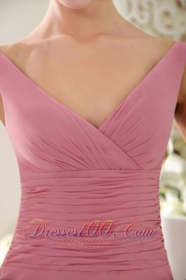 V-neck Brush Train Baby Pink Sheath Ruch Bridesmaid Dress