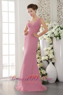 V-neck Brush Train Baby Pink Sheath Ruch Bridesmaid Dress