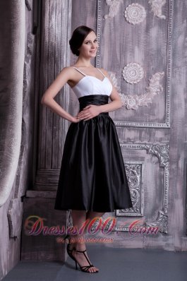 White and Black Ruched Spaghetti Straps Bridesmaid Dress