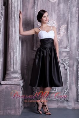 White and Black Ruched Spaghetti Straps Bridesmaid Dress