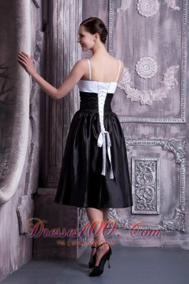 White and Black Ruched Spaghetti Straps Bridesmaid Dress