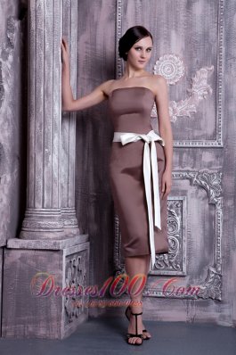 Brown Tea-length Sash Bridesmaid Dress Strapless