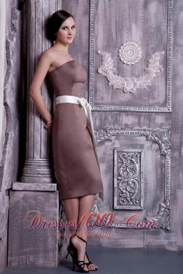 Brown Tea-length Sash Bridesmaid Dress Strapless