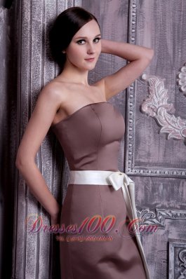 Brown Tea-length Sash Bridesmaid Dress Strapless