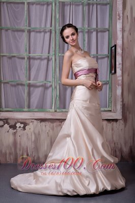 Beading Champagne Bridesmaid Dress Satin Brush Train