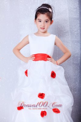 White Flower Girl Dress with Red Flowers and Sash