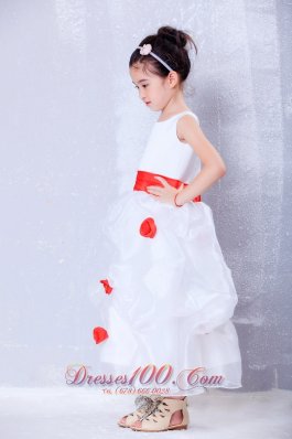 White Flower Girl Dress with Red Flowers and Sash