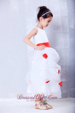 White Flower Girl Dress with Red Flowers and Sash