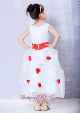 White Flower Girl Dress with Red Flowers and Sash