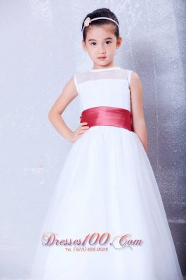 White Flower Girl Dress Wine Red Belt Ankle-length