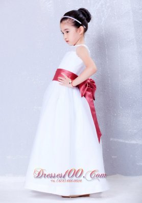 White Flower Girl Dress Wine Red Belt Ankle-length