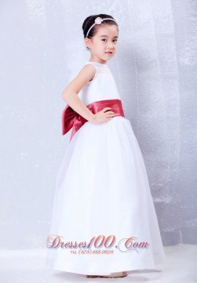 White Flower Girl Dress Wine Red Belt Ankle-length