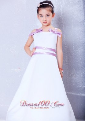 White Flower Girl Dress With Lavender Sash and Straps