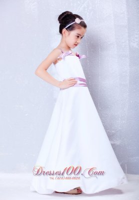 White Flower Girl Dress With Lavender Sash and Straps