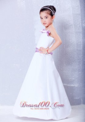 White Flower Girl Dress With Lavender Sash and Straps