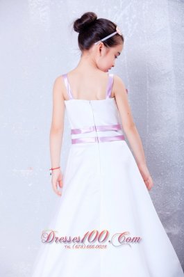 White Flower Girl Dress With Lavender Sash and Straps